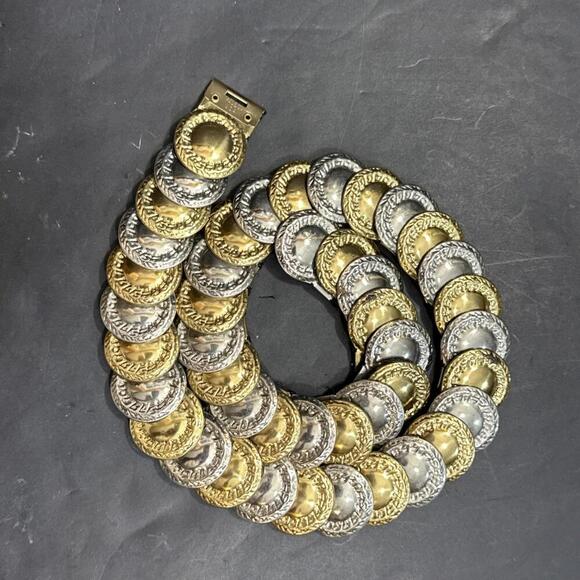 Accessories - Vintage Gold Silver Metal Disc Coin Stretch Belt 80s Medallion Roman